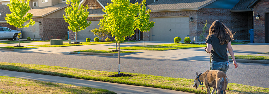 woman walking dog through suburban neighborhood